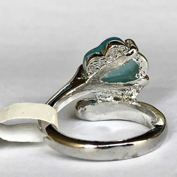 Vintage Aqua Blue Cats Eye Stone Flower Ring Size 7 Wrap Retro Silver Plated - Picture 7 of 11